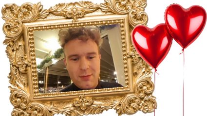 A selfie of a person in a photo frame with love hearts