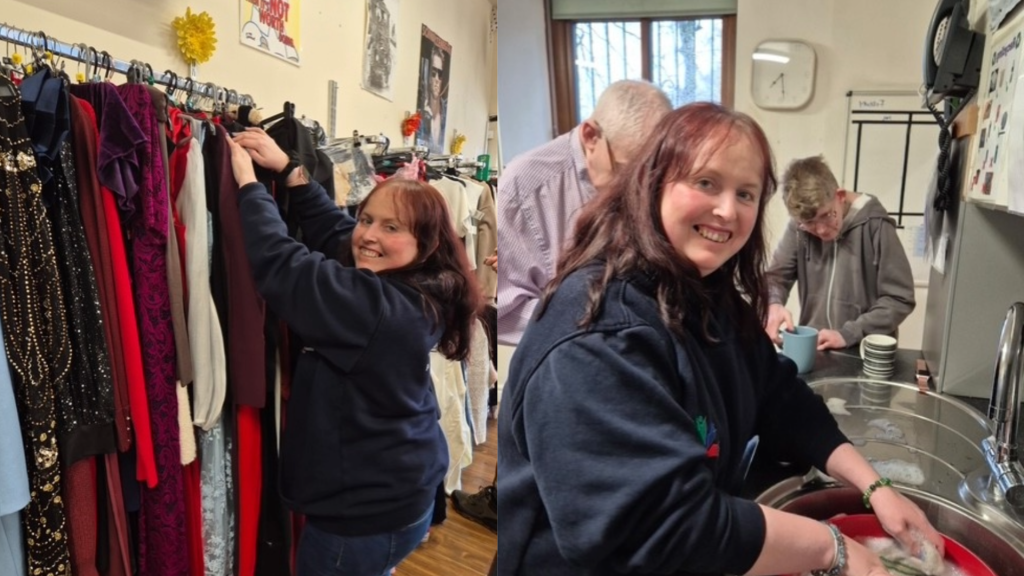 Two photos of a lady working at her volunteering roles