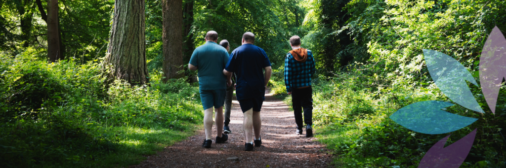 three people walking through a wood