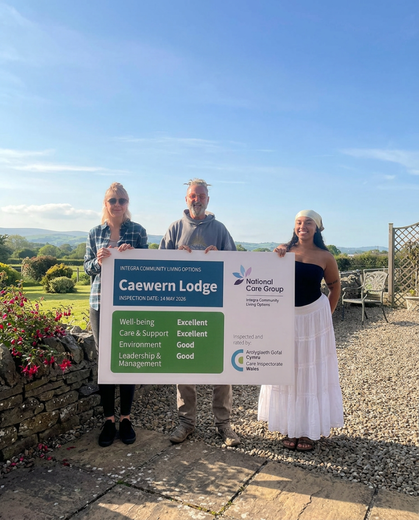 Three people holding an excellent inspection sign. Caewern Lodge, part of NCG's Integra Community Living Options in Wales, has been rated Excellent by Care Inspectorate Wales for care and well-being.